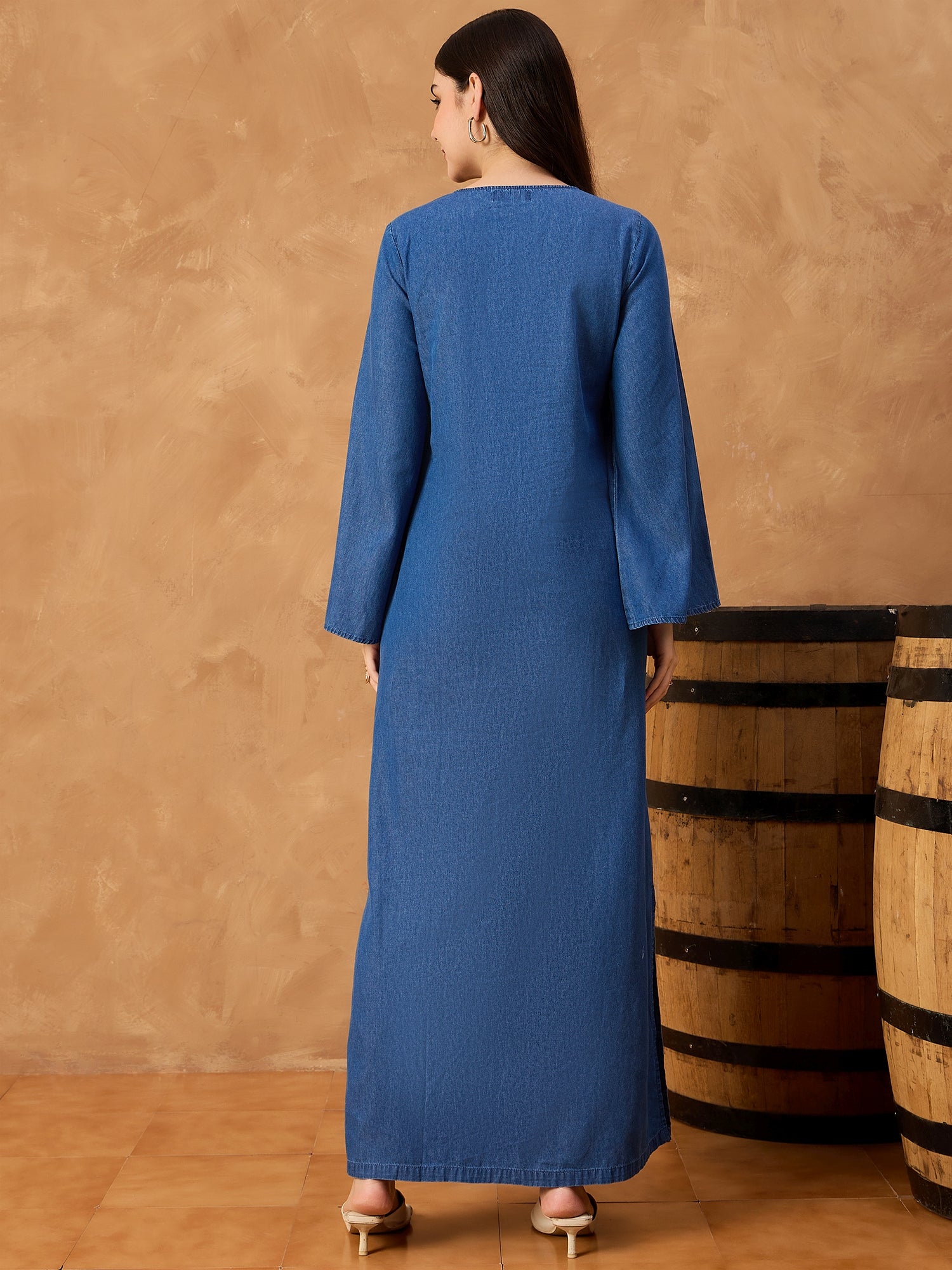 Denim Abaya Dress With Raw Pocket Detail
