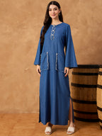Denim Abaya Dress With Raw Pocket Detail
