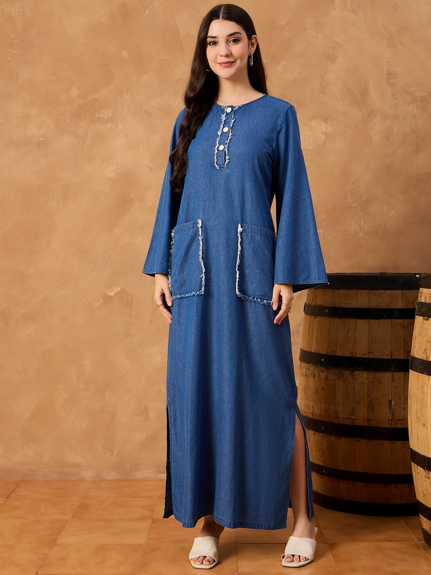 Denim Abaya Dress With Raw Pocket Detail