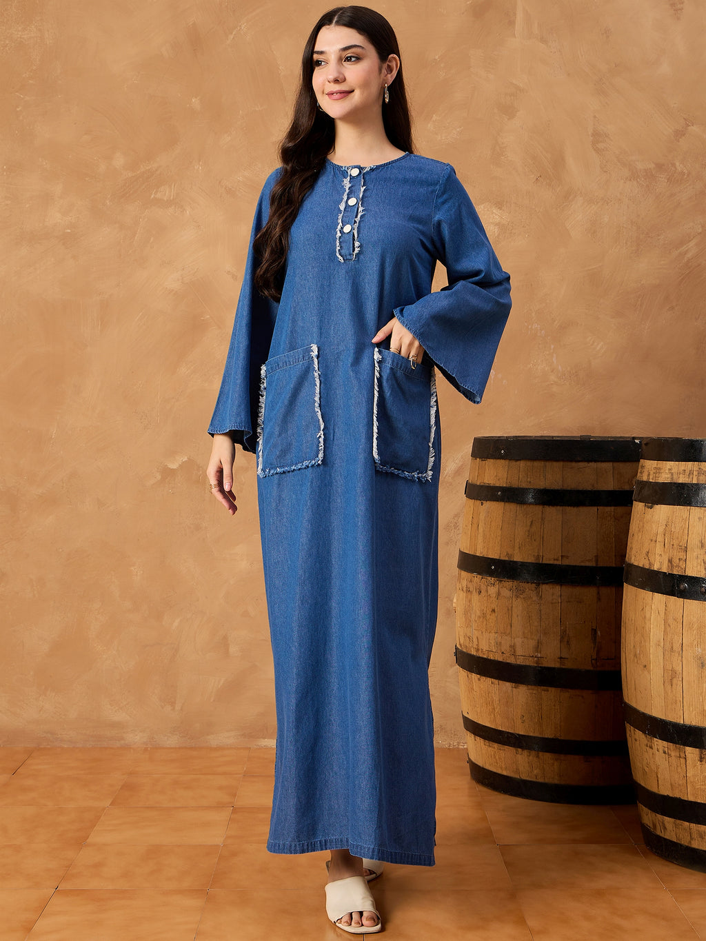 Denim Abaya Dress With Raw Pocket Detail