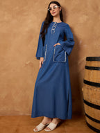 Denim Abaya Dress With Raw Pocket Detail