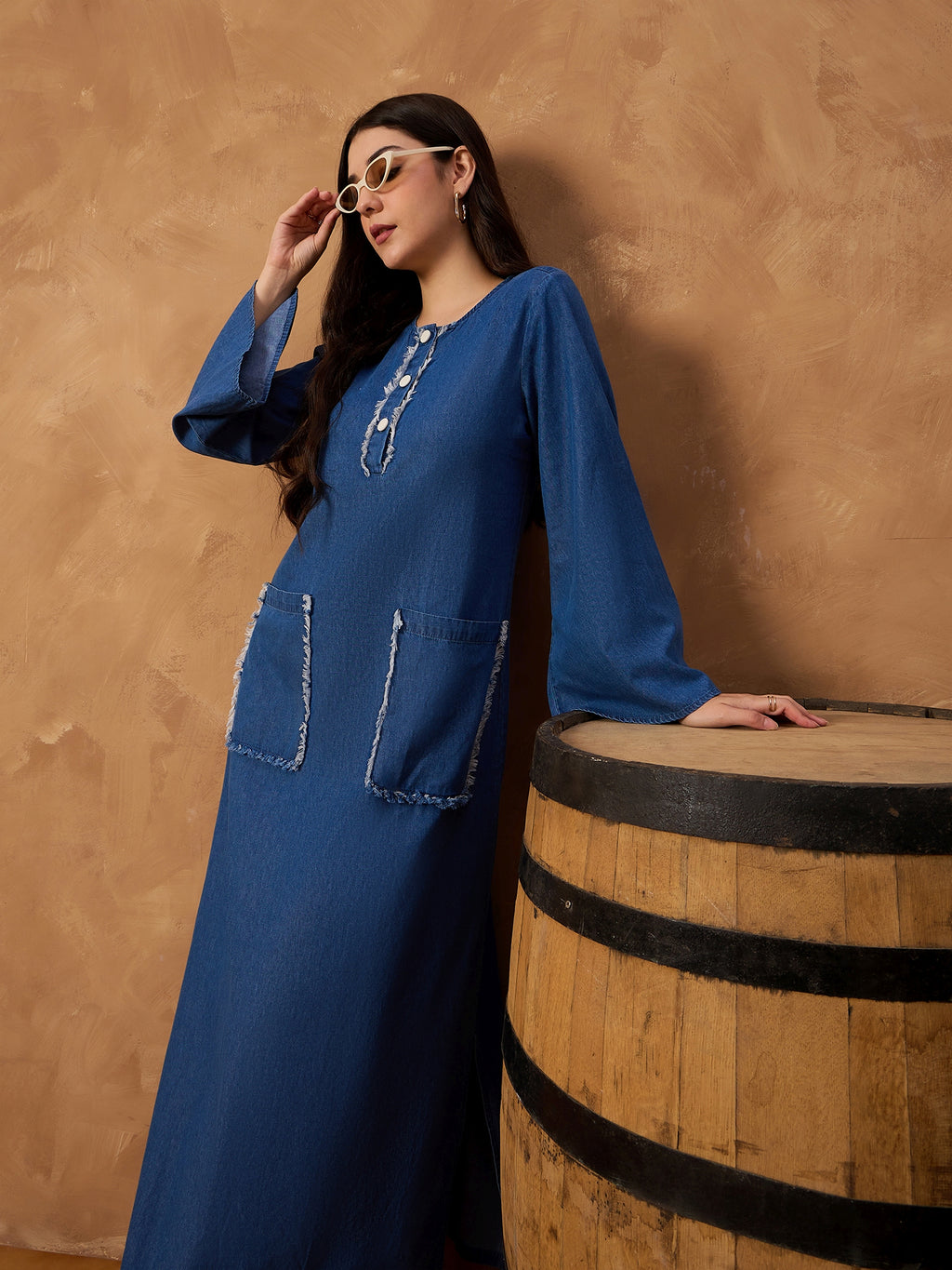 Denim Abaya Dress With Raw Pocket Detail