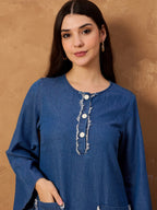 Denim Abaya Dress With Raw Pocket Detail