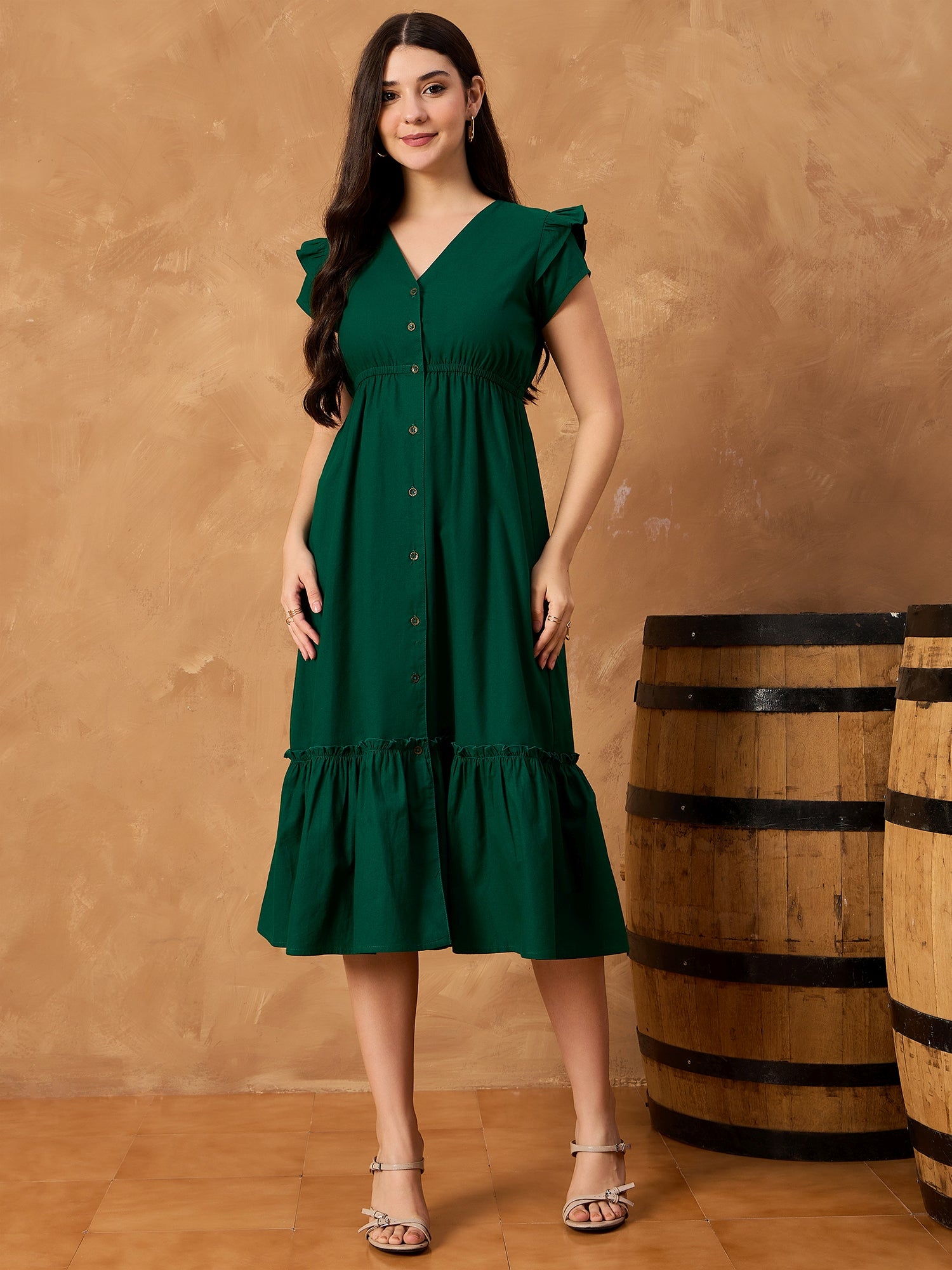 Green Pure Cotton Button Down Dress