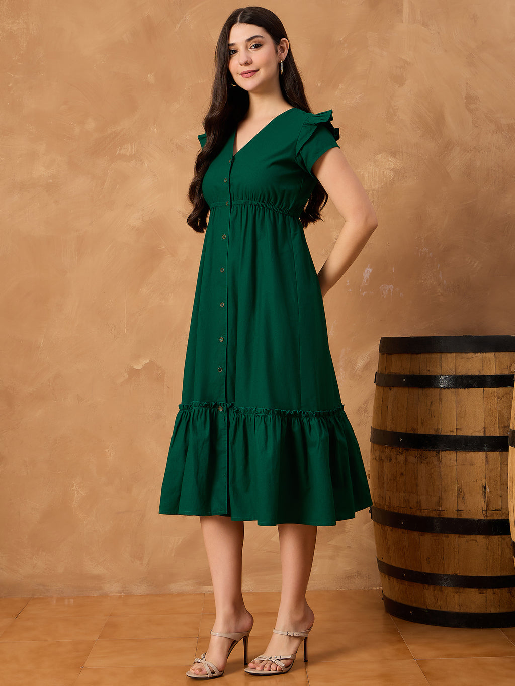Green Pure Cotton Button Down Dress