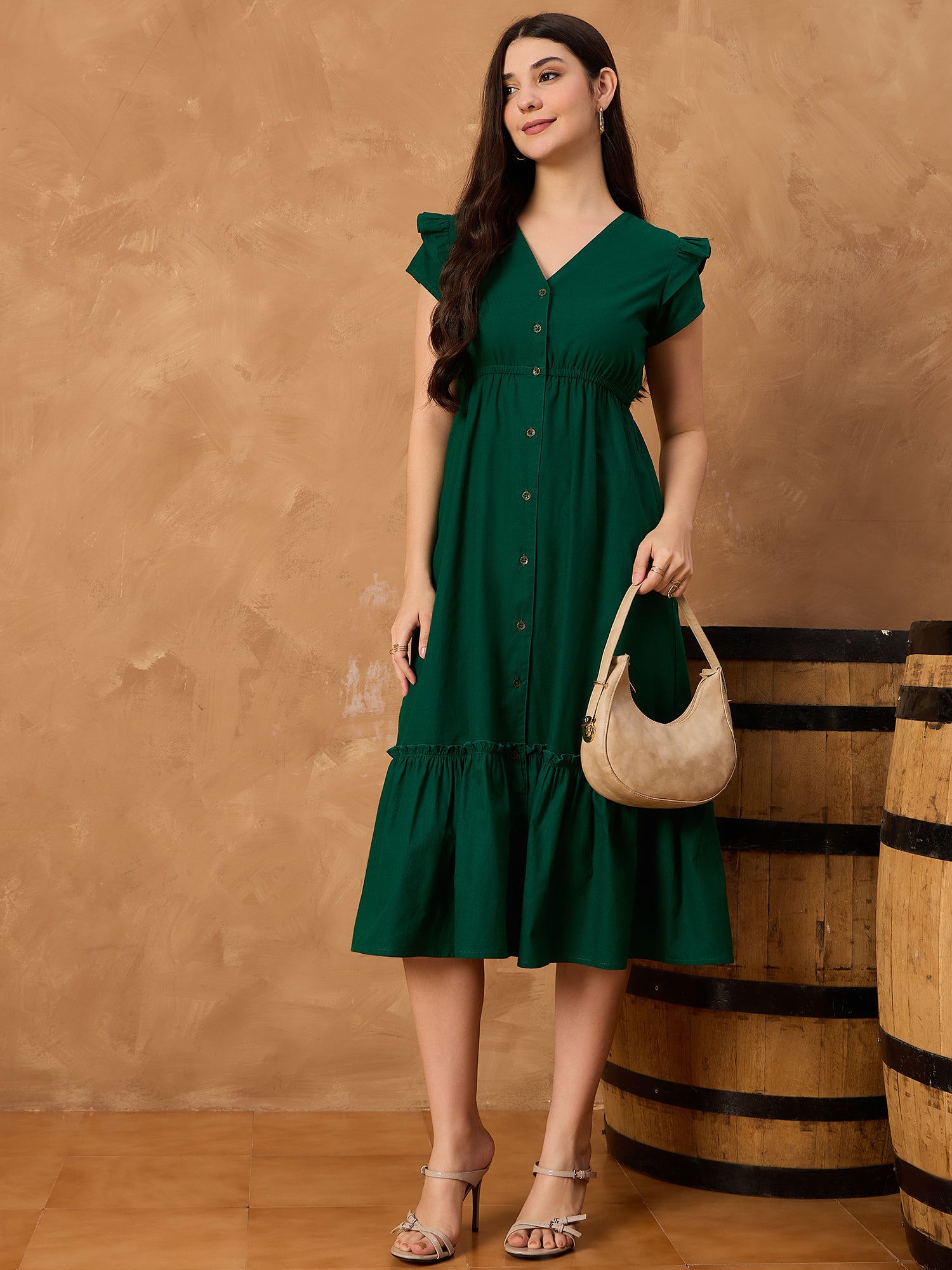 Green Pure Cotton Button Down Dress