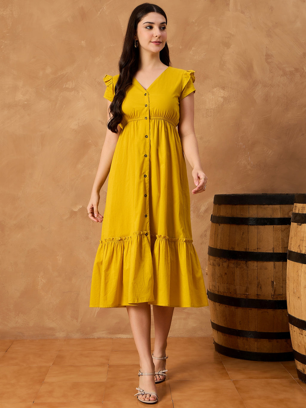 Yellow Pure Cotton Button Down Dress