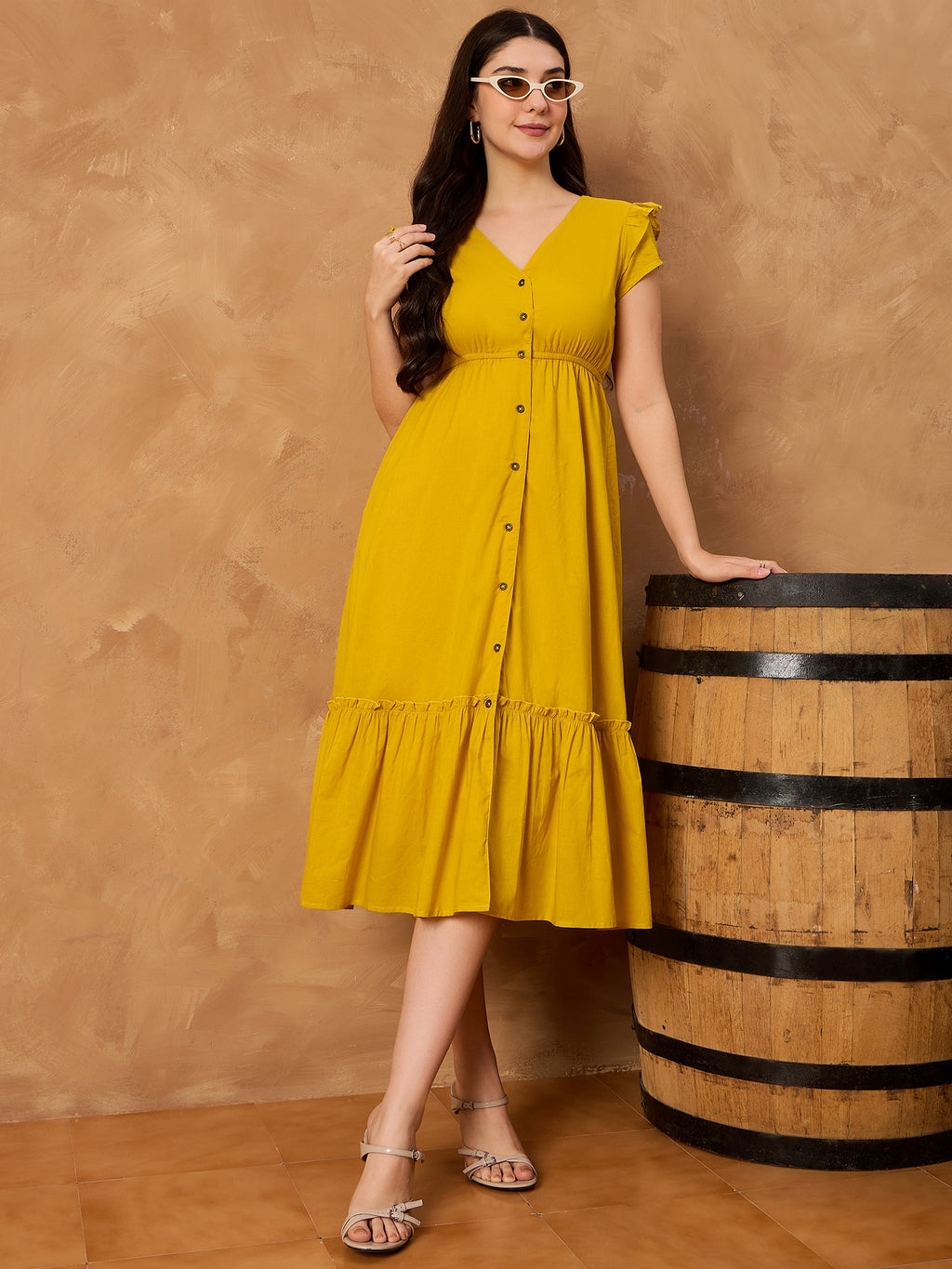 Yellow Pure Cotton Button Down Dress
