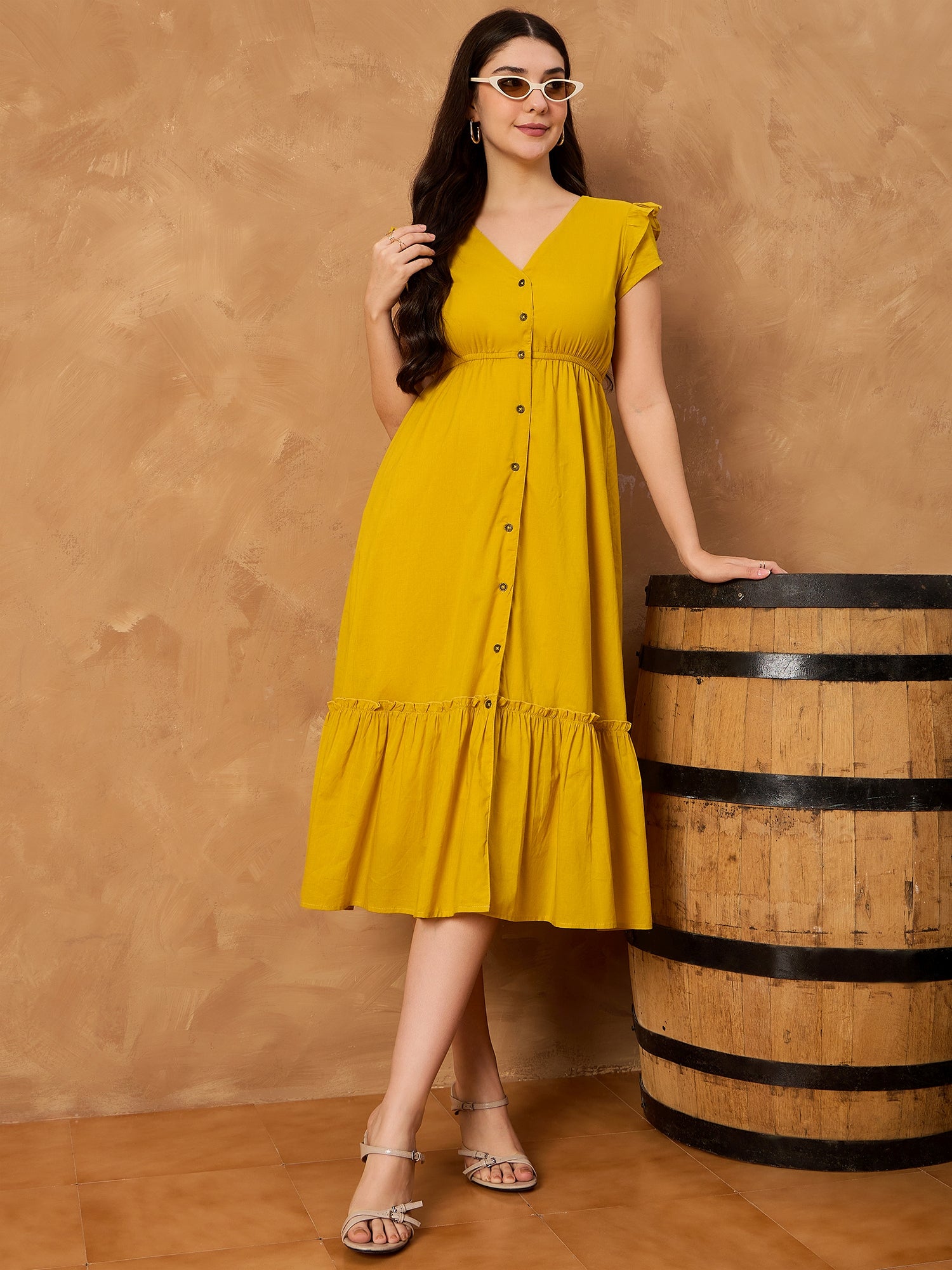 Yellow Pure Cotton Button Down Dress