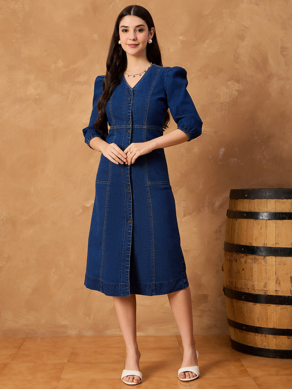 Denim Button Down V Neck Dress