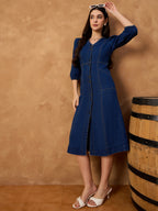 Denim Button Down V Neck Dress