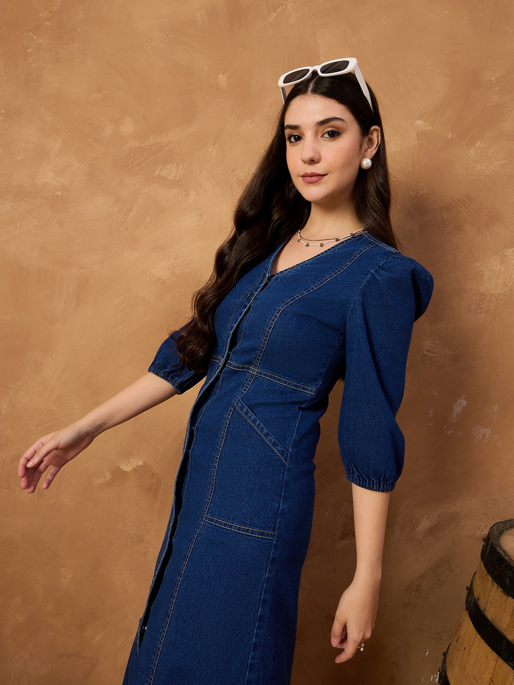Denim Button Down V Neck Dress