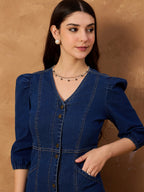 Denim Button Down V Neck Dress