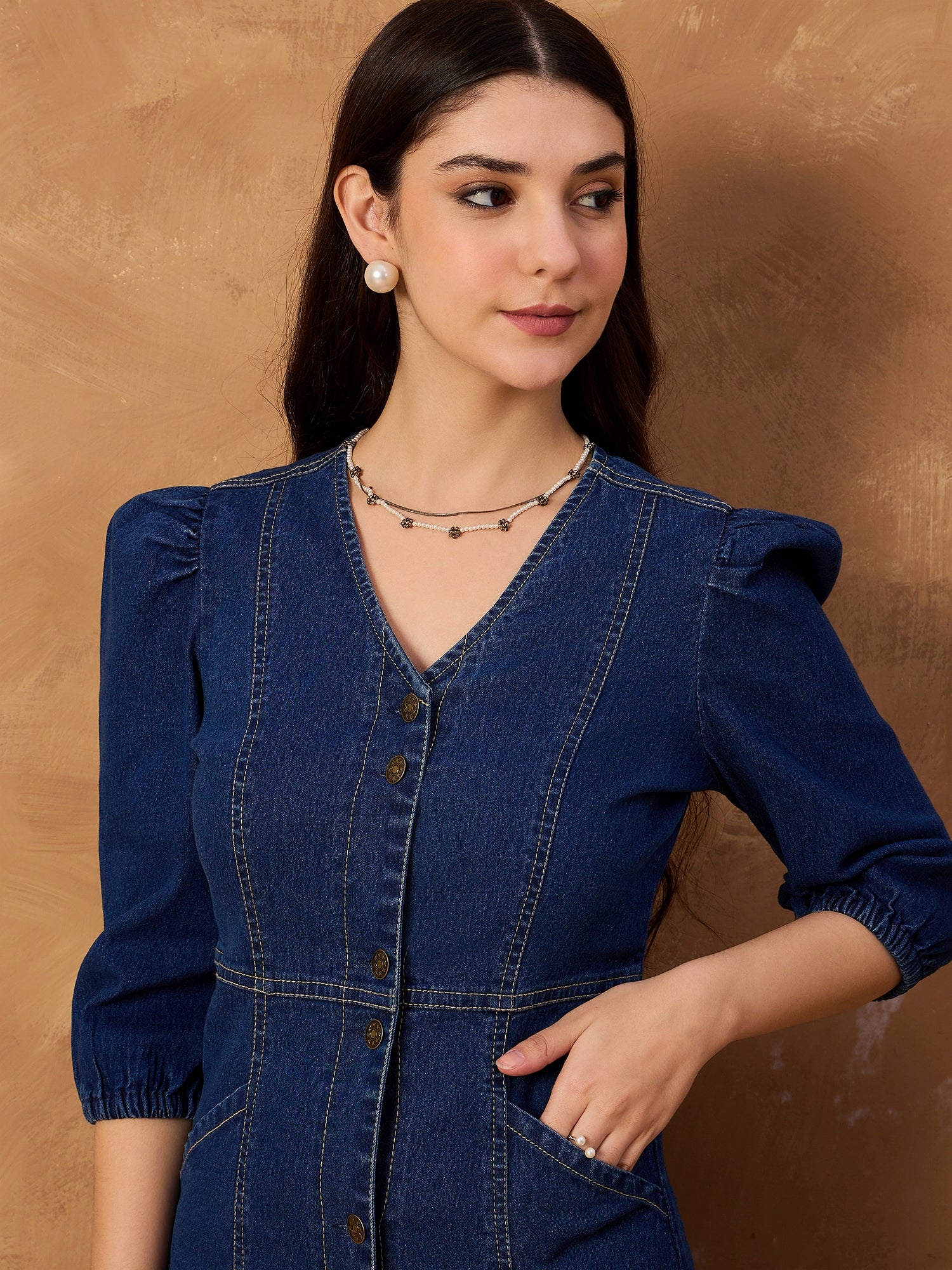 Denim Button Down V Neck Dress