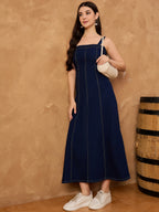 Denim Cantrast stitching Detail Midi Dress