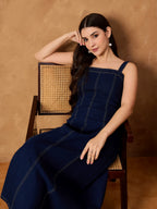 Denim Cantrast stitching Detail Midi Dress