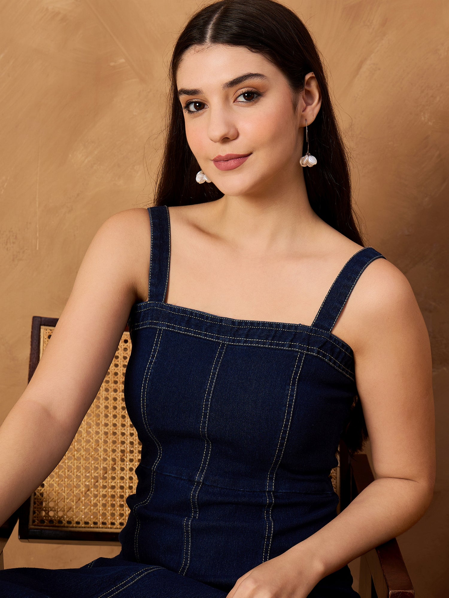 Denim Cantrast stitching Detail Midi Dress