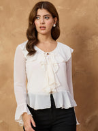 White Shiffon Sheer  Frill Top