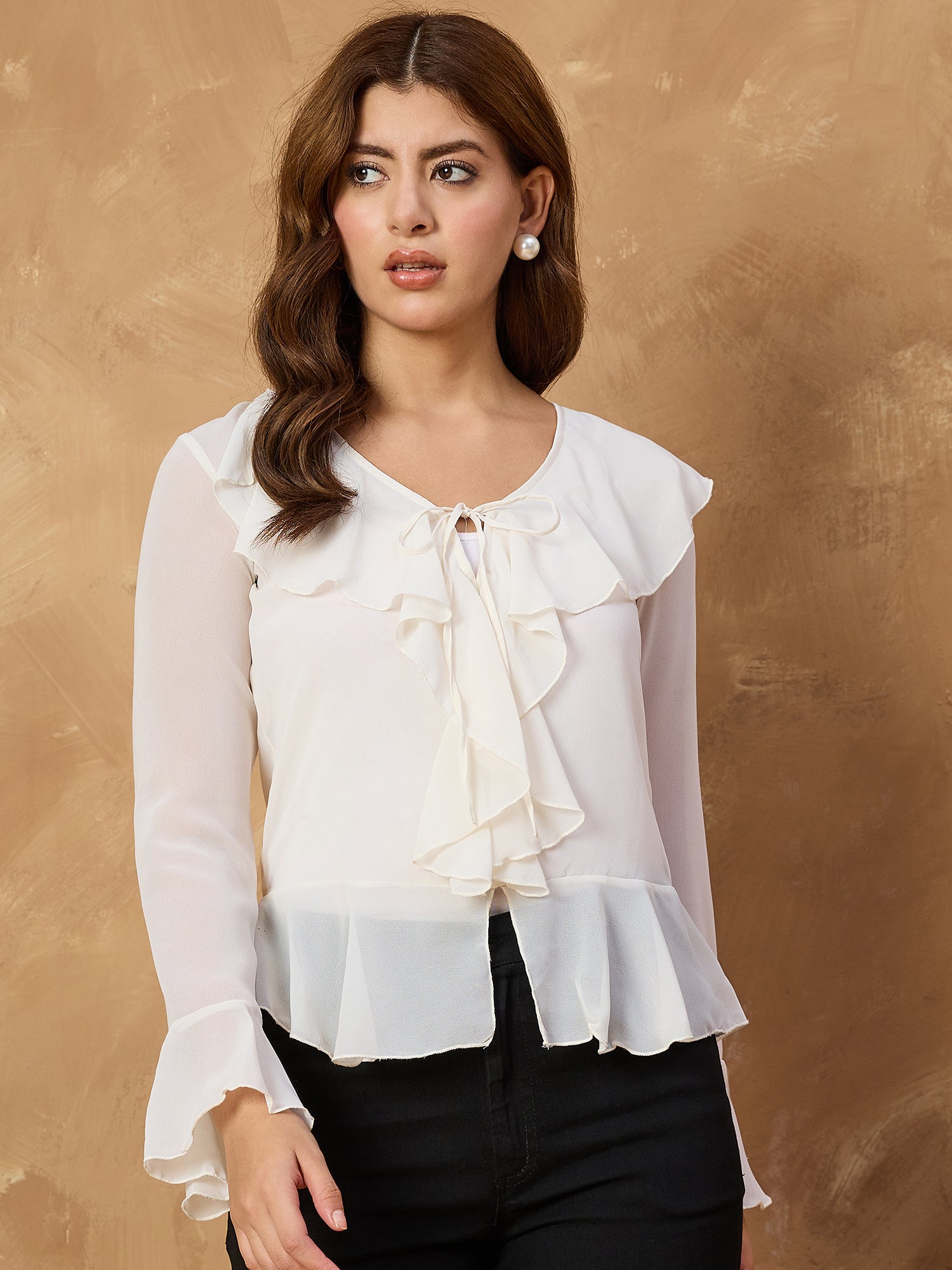 White Shiffon Sheer  Frill Top
