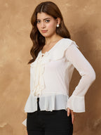 White Shiffon Sheer  Frill Top