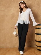 White Shiffon Sheer  Frill Top