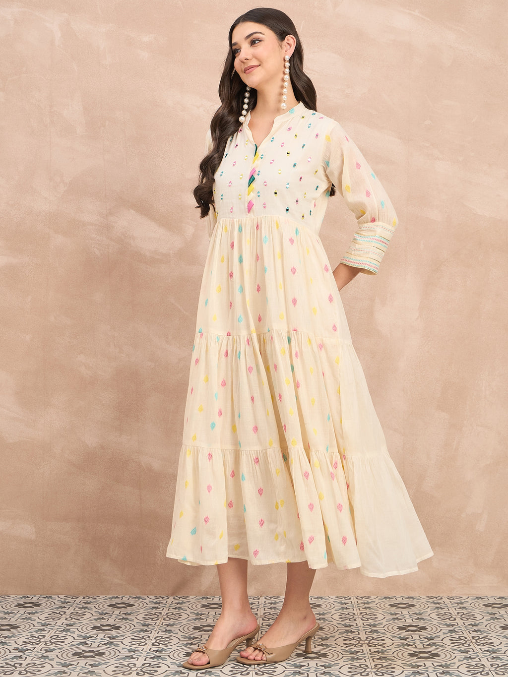 White Pure Cotton Emb midi Dress
