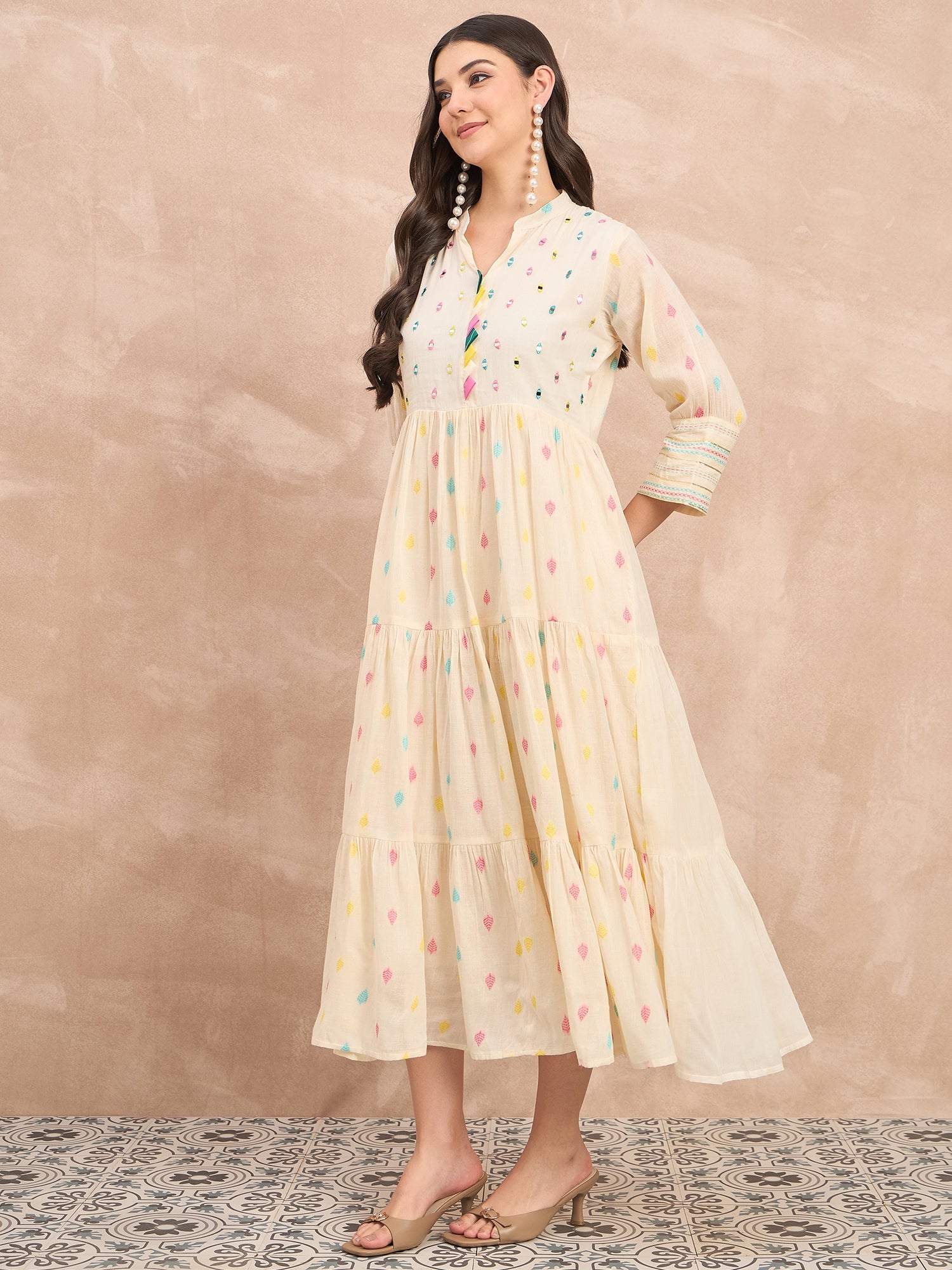 White Pure Cotton Emb midi Dress