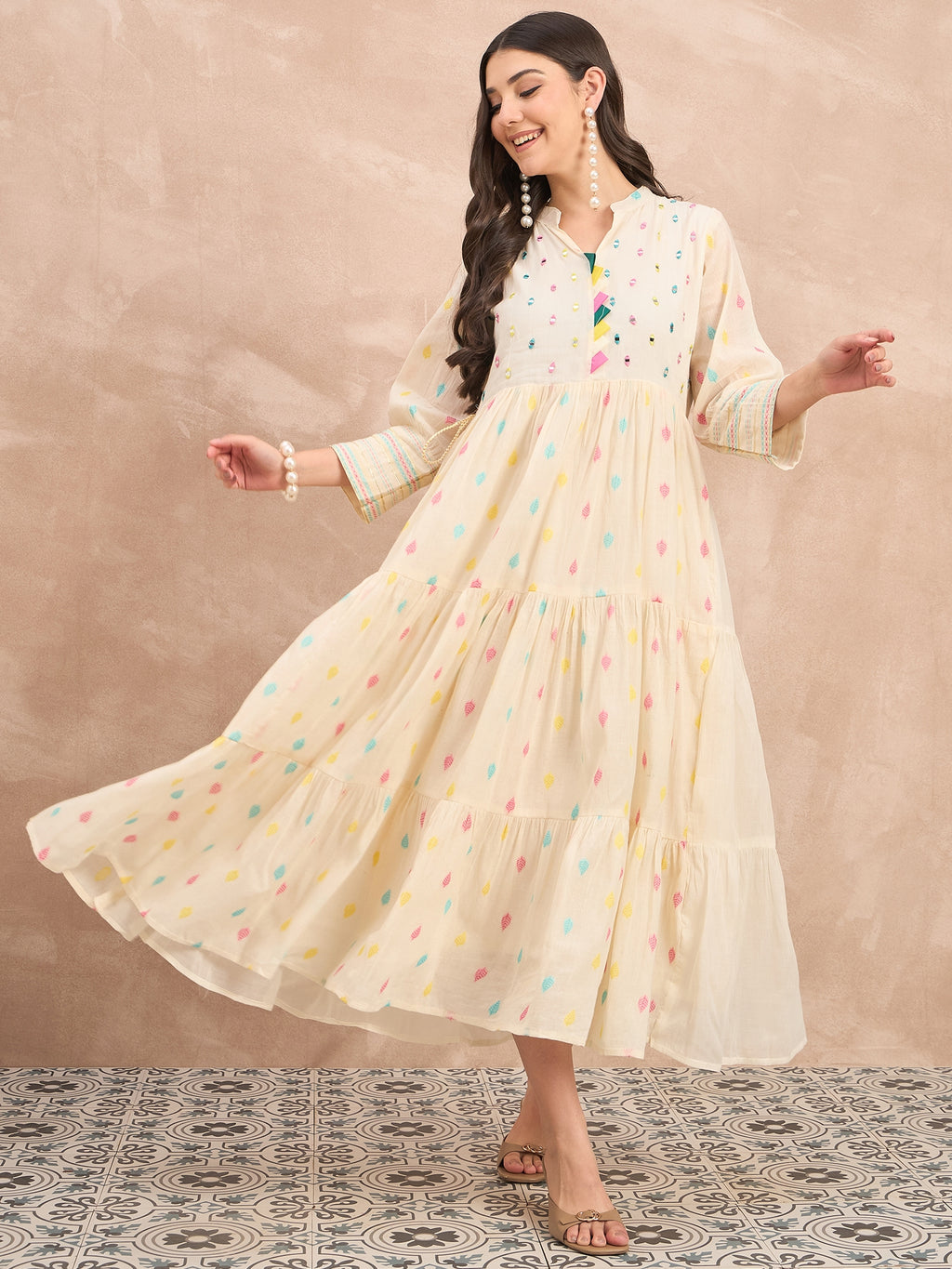 White Pure Cotton Emb midi Dress