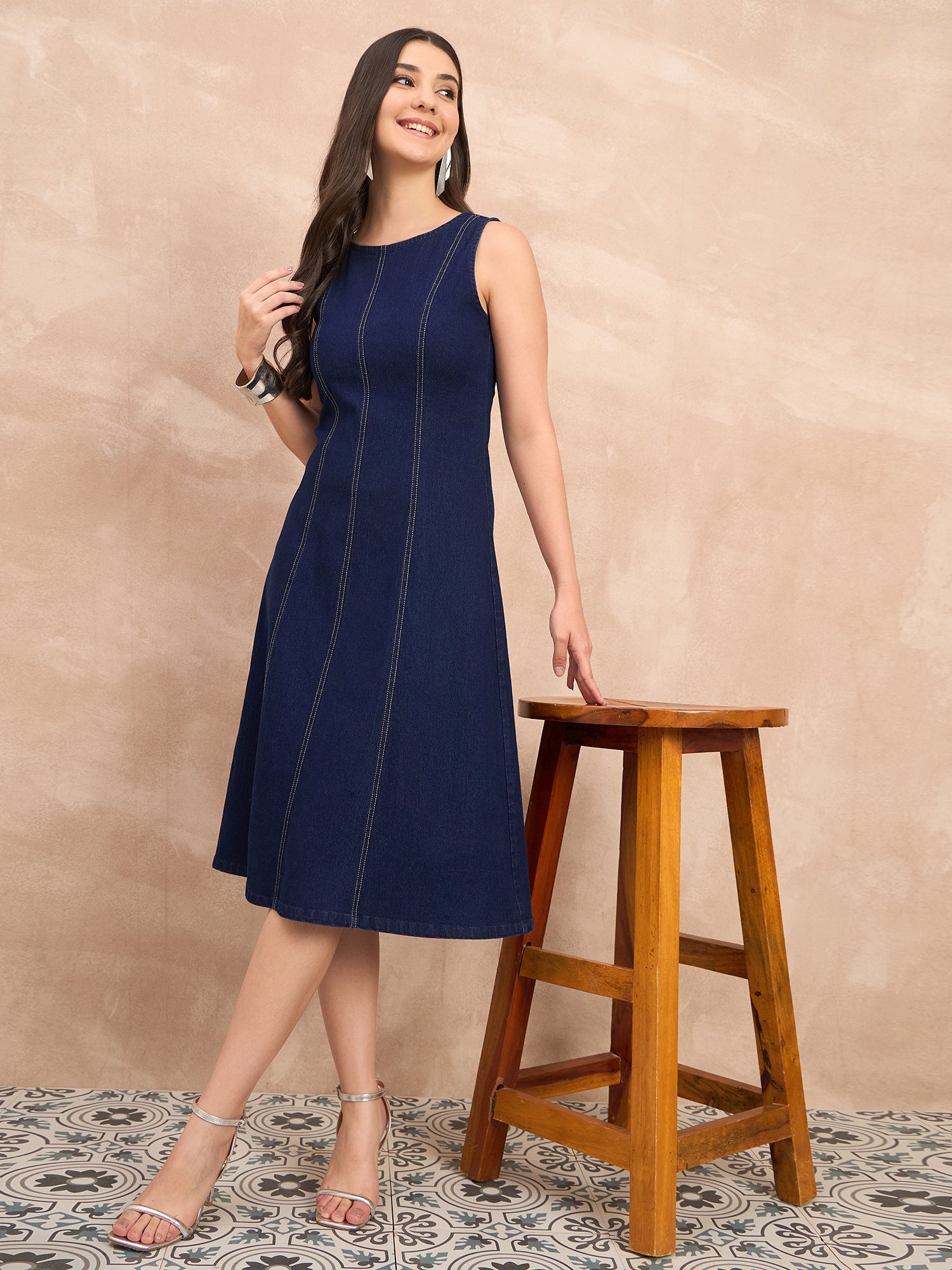 Denim Round Neck Dark Wash Dress
