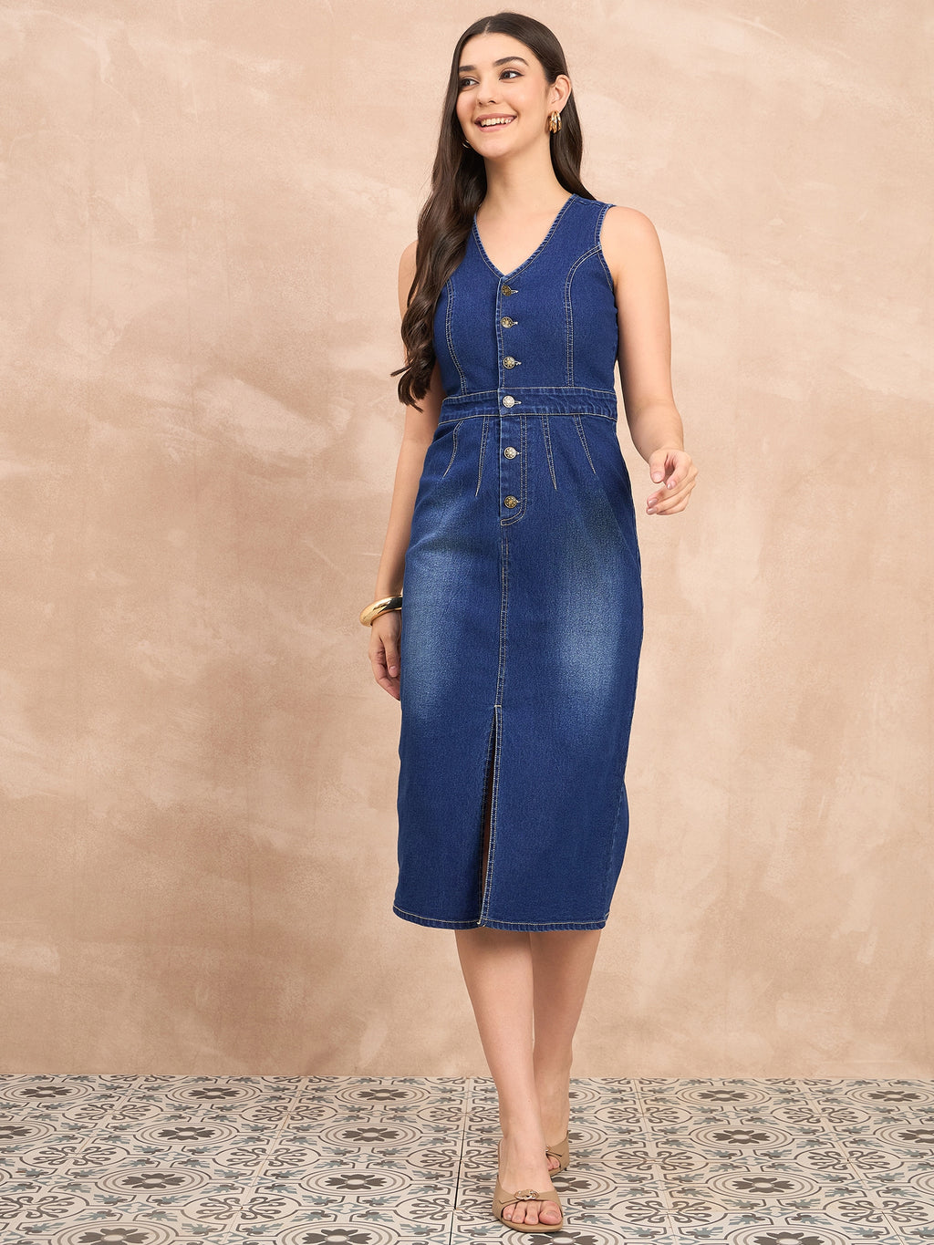 Denim Sleeveless Front Shirt Dress