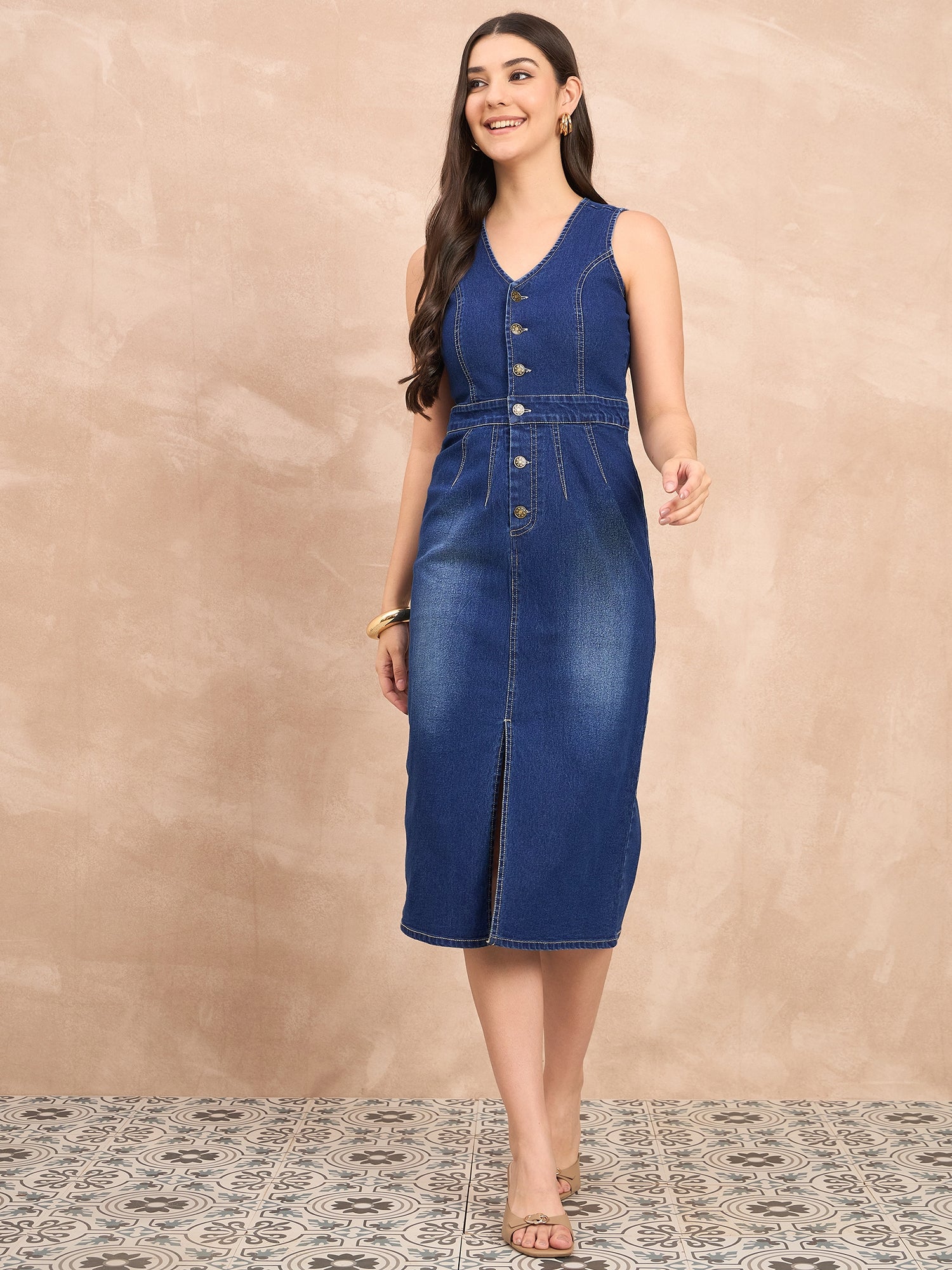 Denim Sleeveless Front Shirt Dress