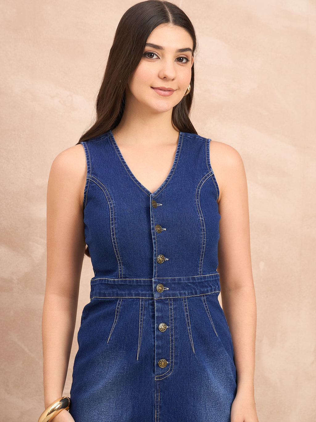 Denim Sleeveless Front Shirt Dress