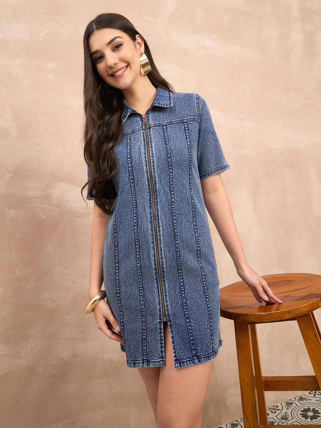 Denim Dark Wash Zip Detail Dress