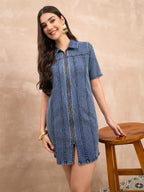 Denim Dark Wash Zip Detail Dress