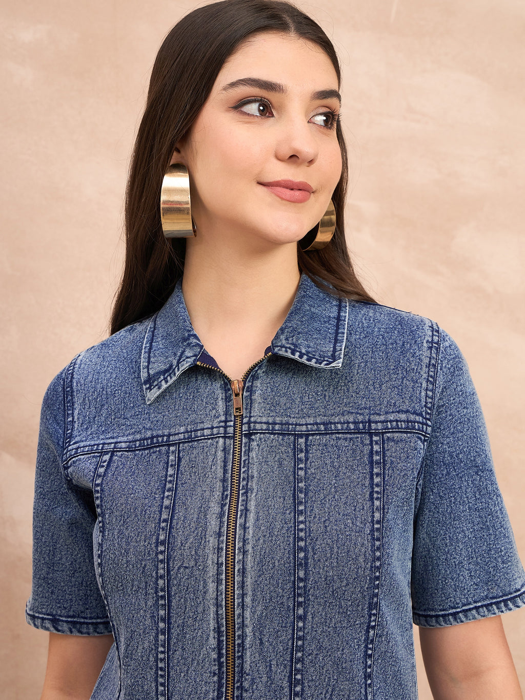 Denim Dark Wash Zip Detail Dress