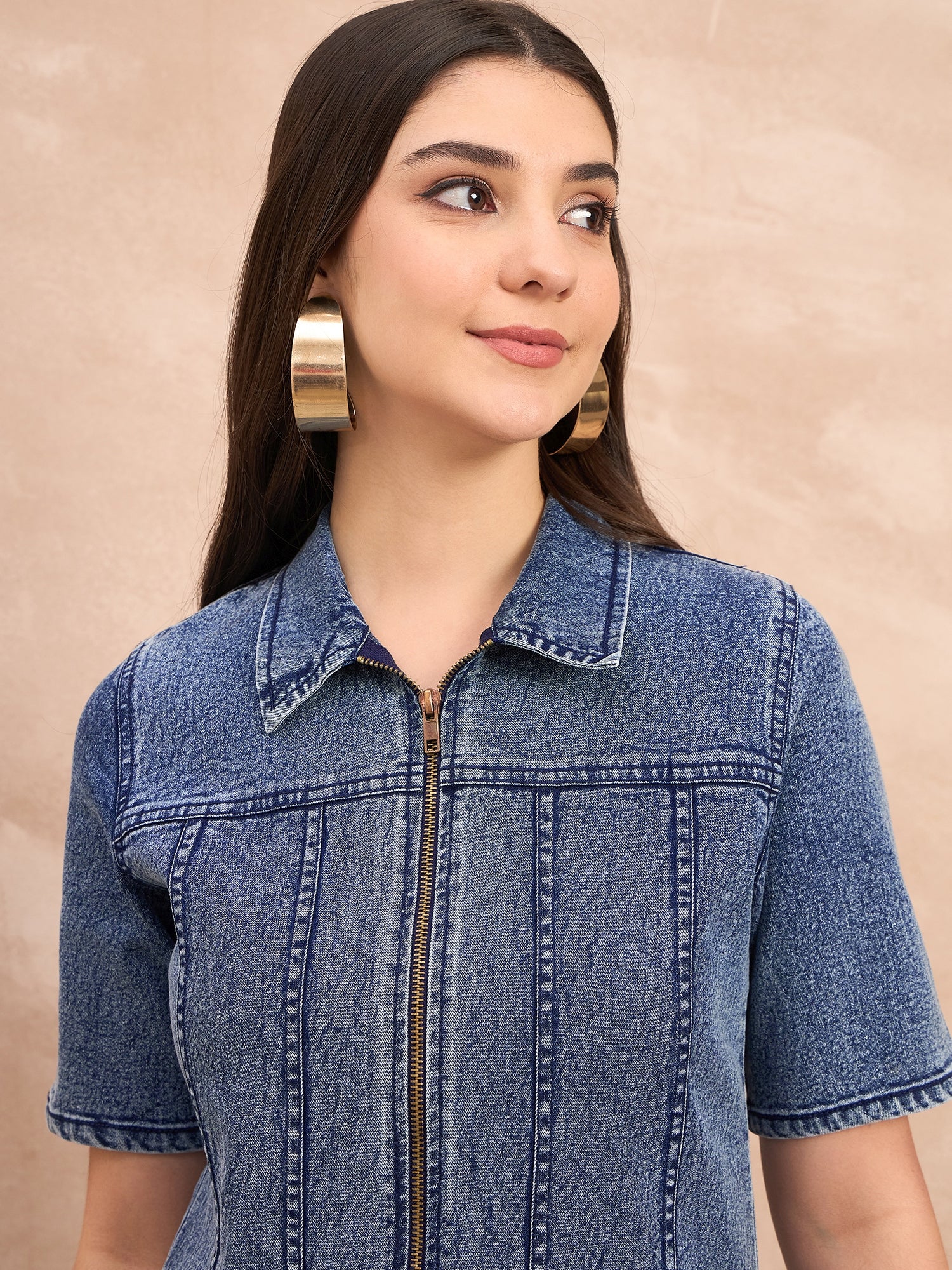 Denim Dark Wash Zip Detail Dress