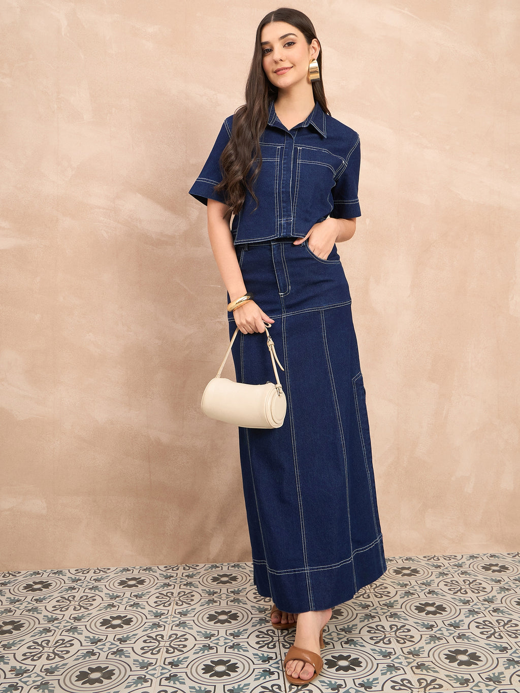Denim Crop Shirt & Skirt Set