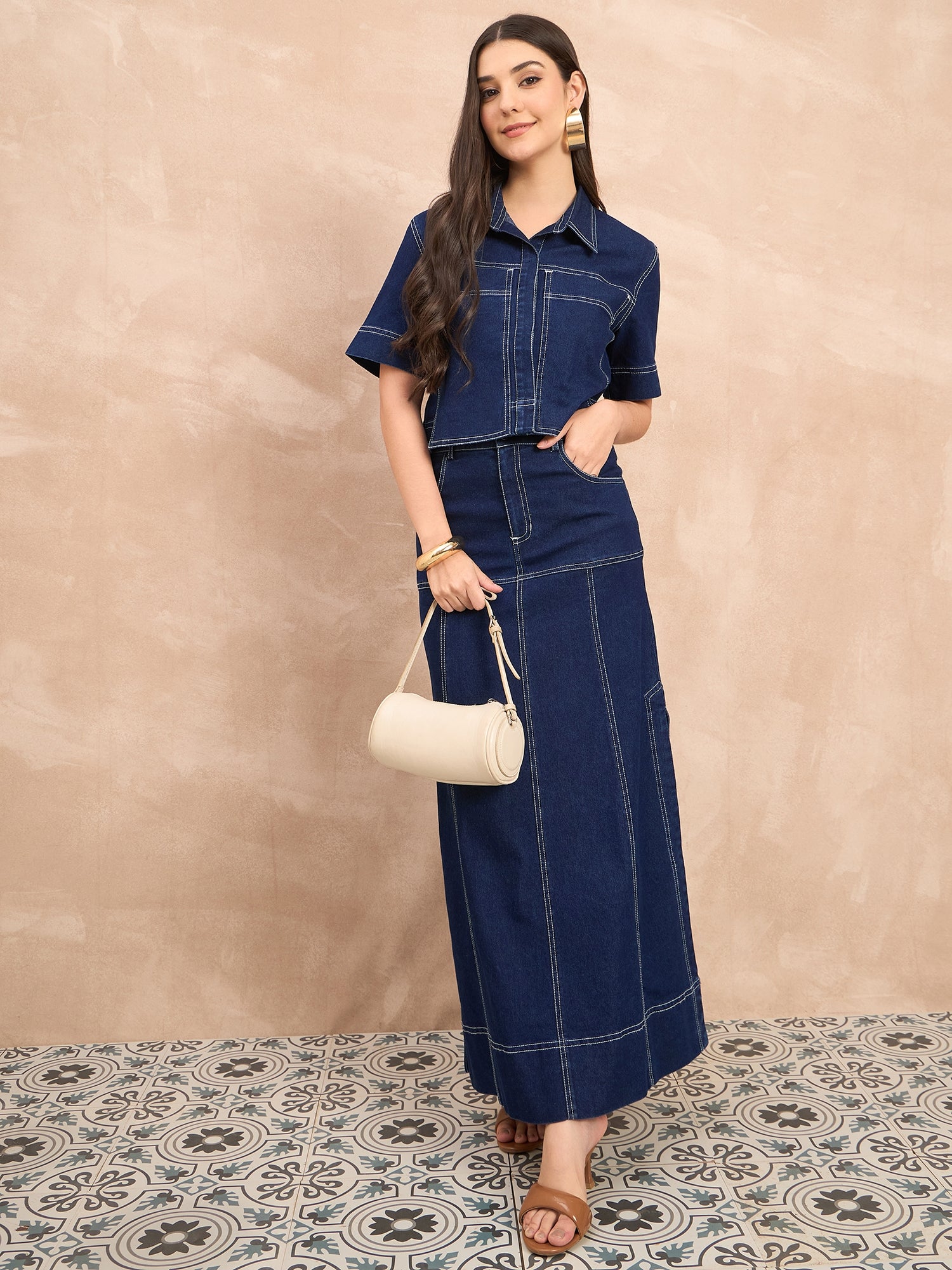 Denim Crop Shirt & Skirt Set