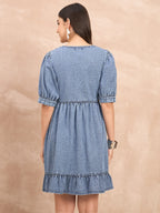 Denim v neck fit and flare dress