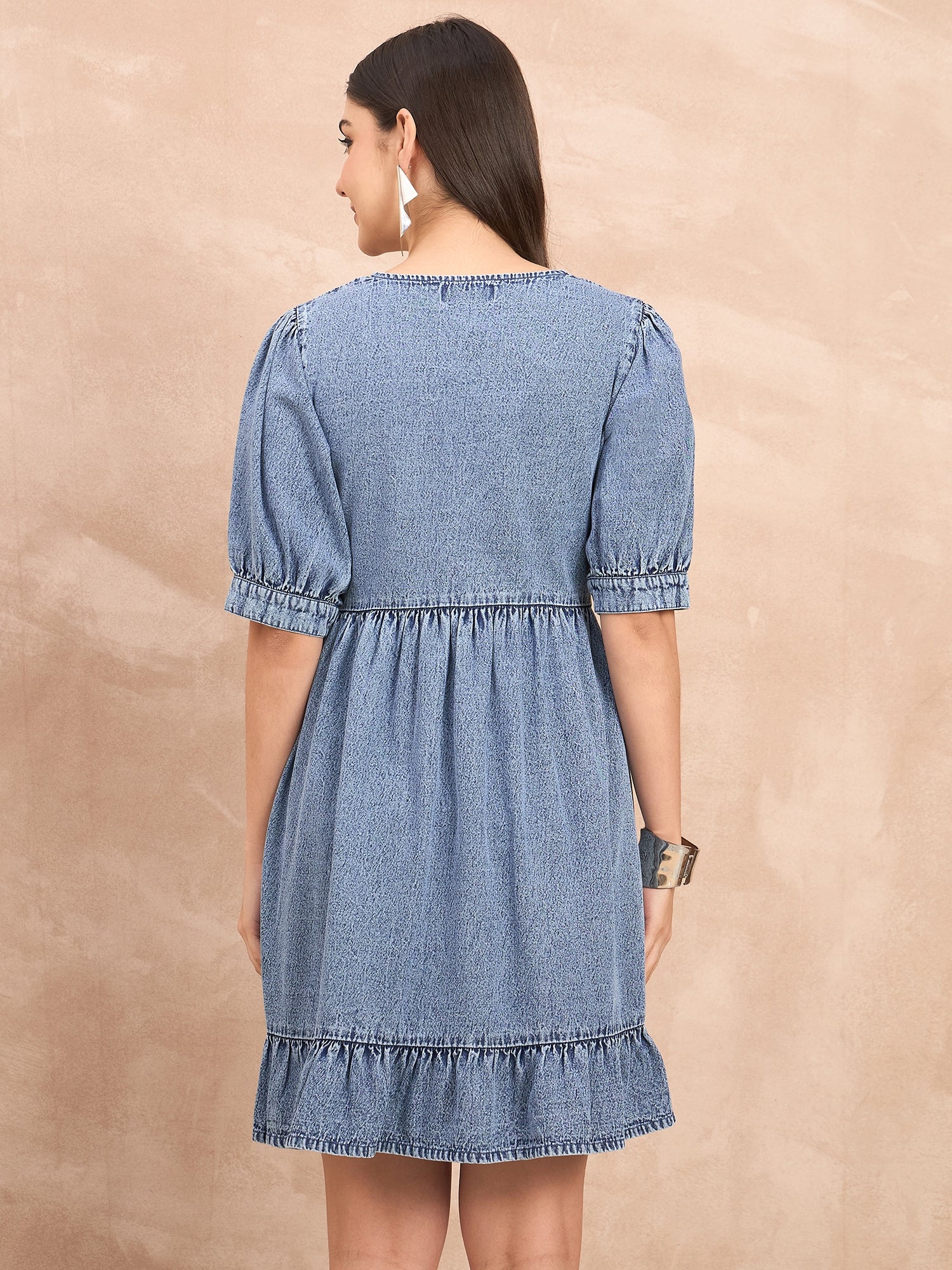 Denim v neck fit and flare dress