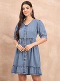 Denim v neck fit and flare dress