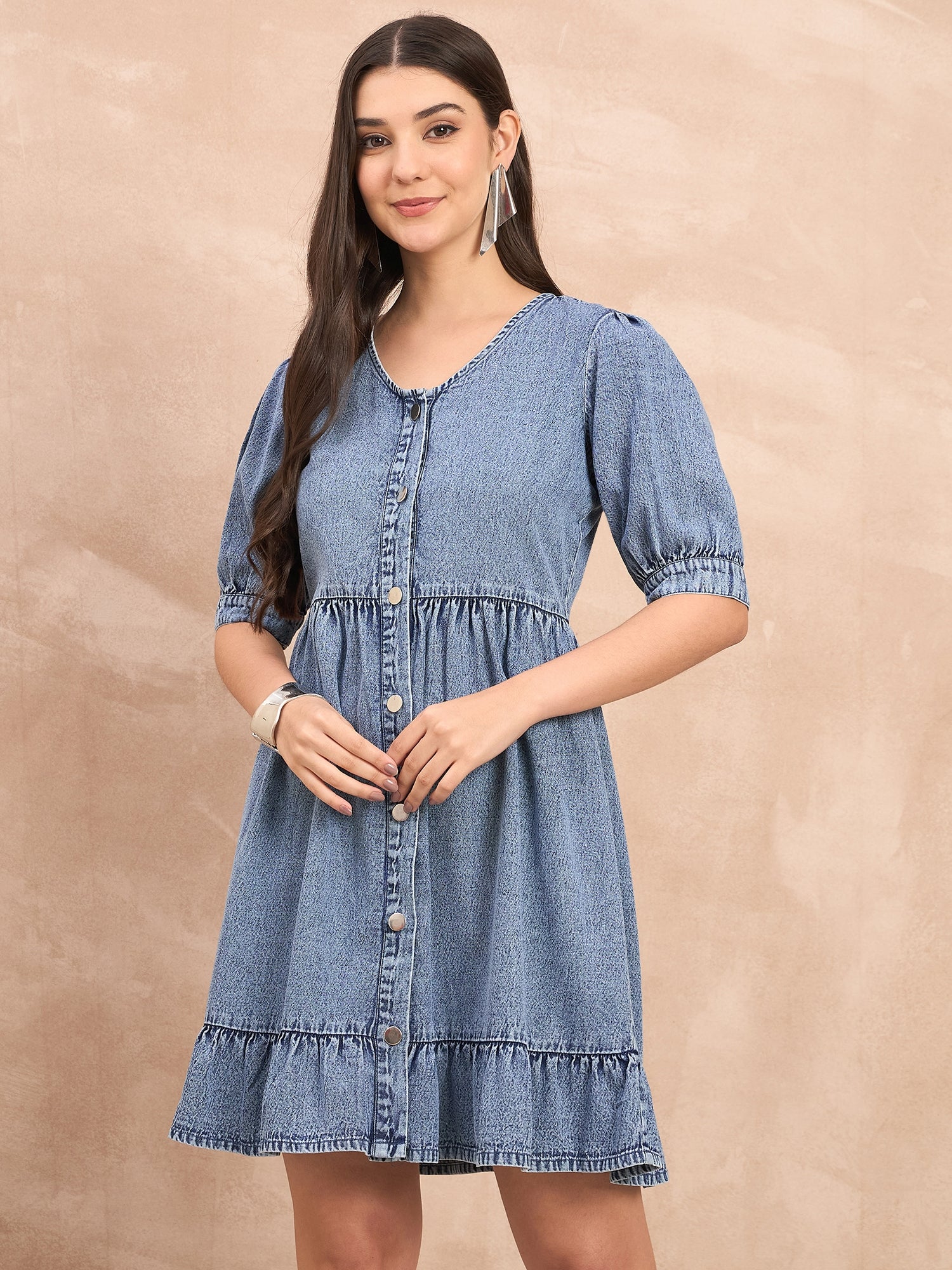 Denim v neck fit and flare dress