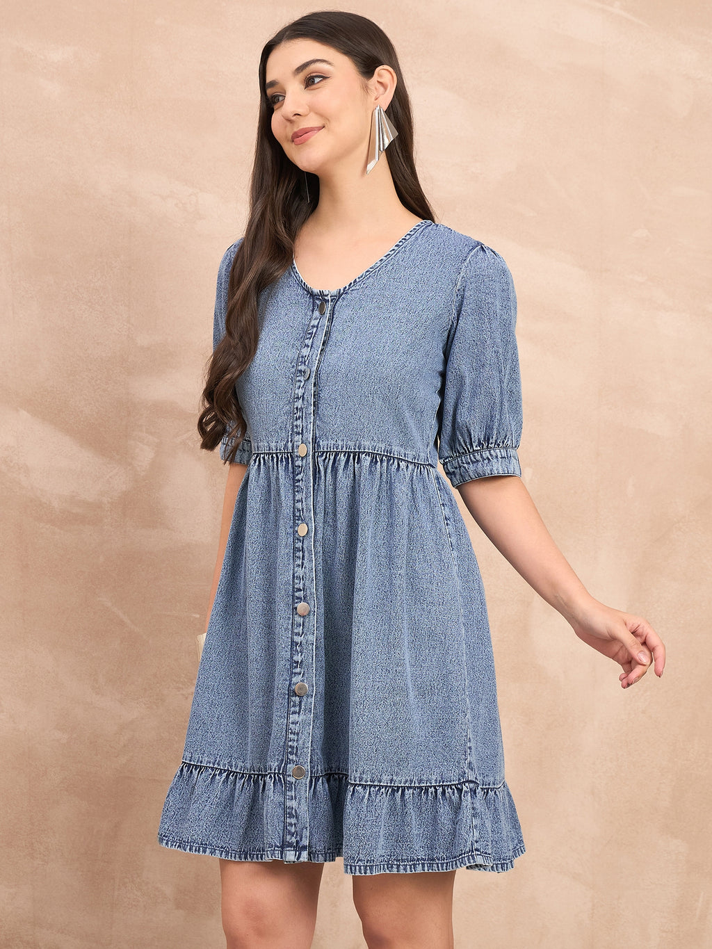 Denim v neck fit and flare dress