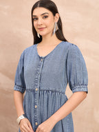 Denim v neck fit and flare dress