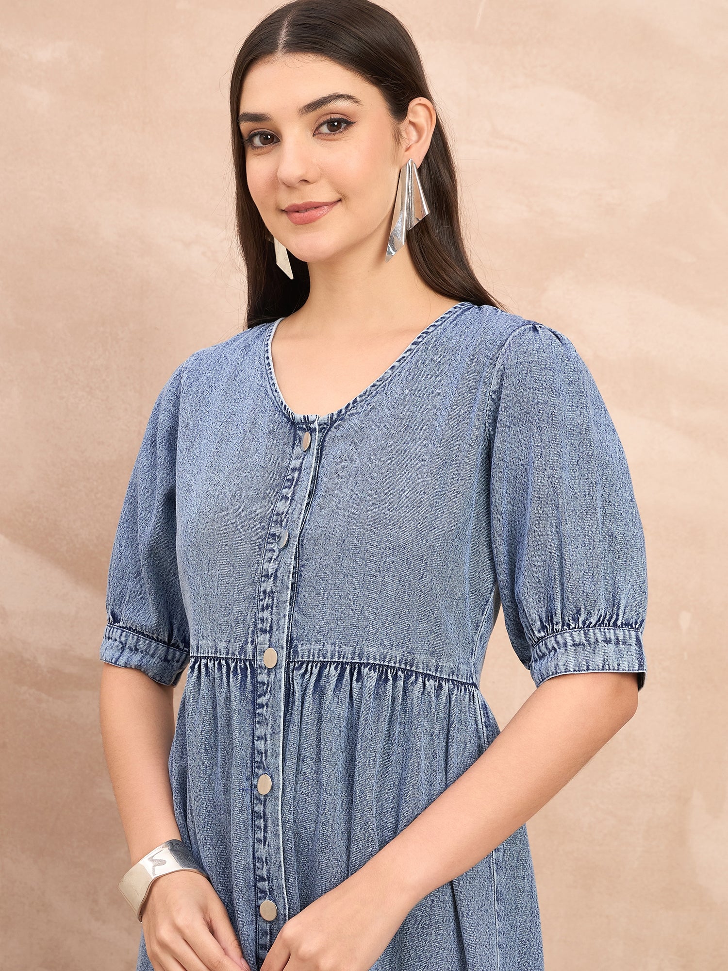 Denim v neck fit and flare dress