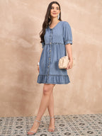 Denim v neck fit and flare dress