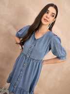 Denim v neck fit and flare dress
