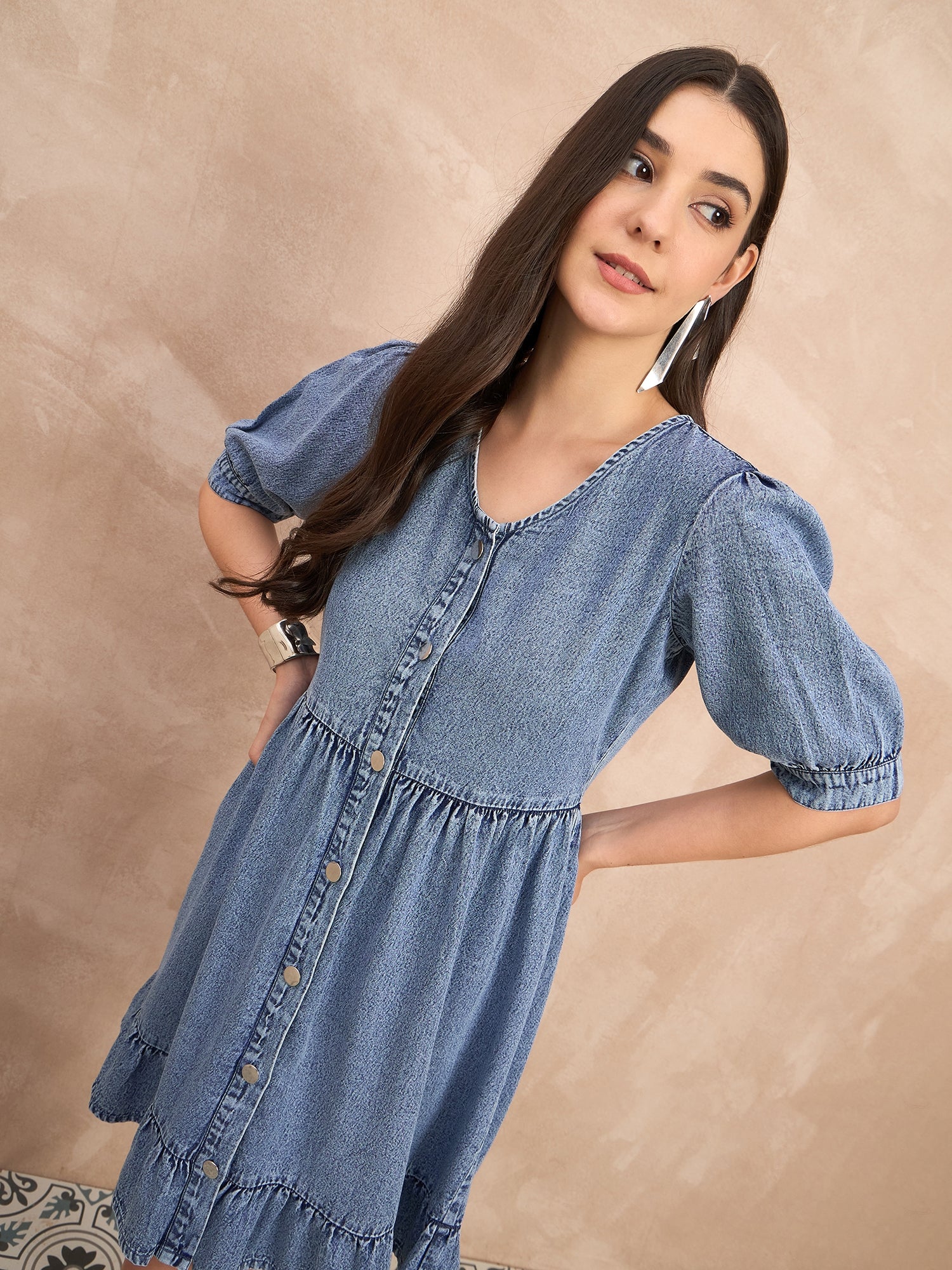 Denim v neck fit and flare dress