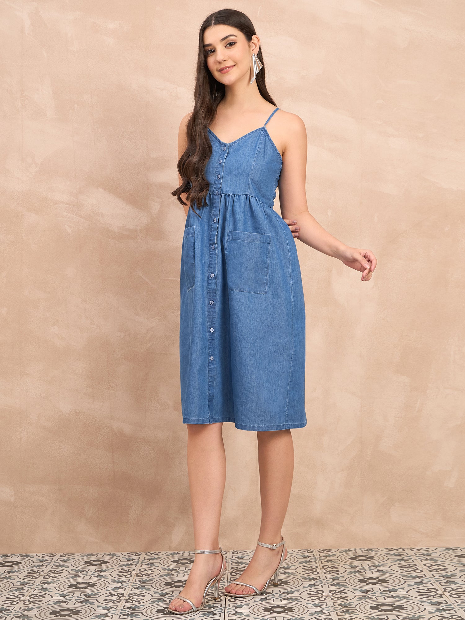 Denim Light Wash  Pocket Detail Strappy Dress