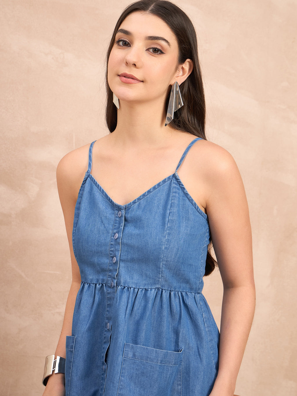 Denim Light Wash  Pocket Detail Strappy Dress
